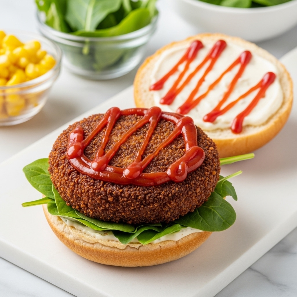 A sandwich is open-faced on a white rectangular board with two halves of a bun. The lower half shows fresh green leaves as the base layer, topped with a thick, crispy, dark brown patty that has a rough, crunchy texture and is covered with a squiggle of bright red ketchup. The top half of the bun is lifted behind, with melted pale yellow cheese and a drizzle of red sauce on it. Two clear glass bowls with bright yellow corn and fresh green leaves are blurred in the background. The scene is set on a white marbled texture surface. Photo taken with an iphone --ar 4:5 --v 7