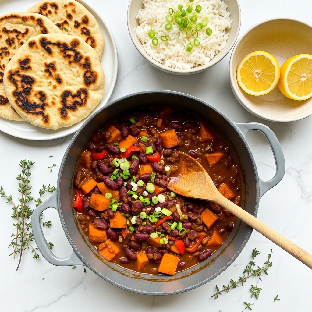 A dark gray pot filled with thick, chunky chili that has visible layers of reddish-brown beans, bright orange cubed sweet potatoes, and halved red cherry tomatoes mixed in a rich brown sauce, topped with fresh rings of green onions. A light wooden spoon rests inside the pot, partially submerged in the chili. To the left, a white plate holds three golden-brown, fluffy flatbreads stacked on top of each other. On the right side, two white plates are shown, one with fluffy white rice garnished with small slices of green onions and black pepper, and the other with halved bright yellow lemons. The scene is set on a white marbled surface with a few sprigs of fresh green thyme and scattered herbs near the pot. Photo taken with an iphone --ar 4:5 --v 7