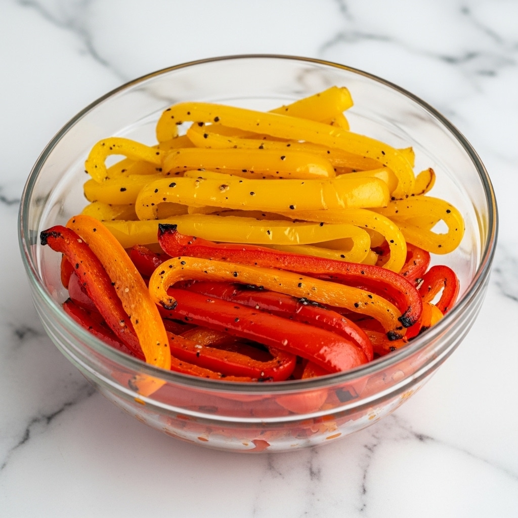 A clear glass bowl filled with cooked sliced bell peppers, mainly bright yellow and some red-orange, showing a shiny and slightly oily texture. The peppers are soft and layered loosely, with the yellow pieces mostly on top and a few red-orange slices underneath, all glistening under light. The bowl is placed on a white marbled surface, adding a clean background to the vivid colors of the peppers. photo taken with an iphone --ar 4:5 --v 7