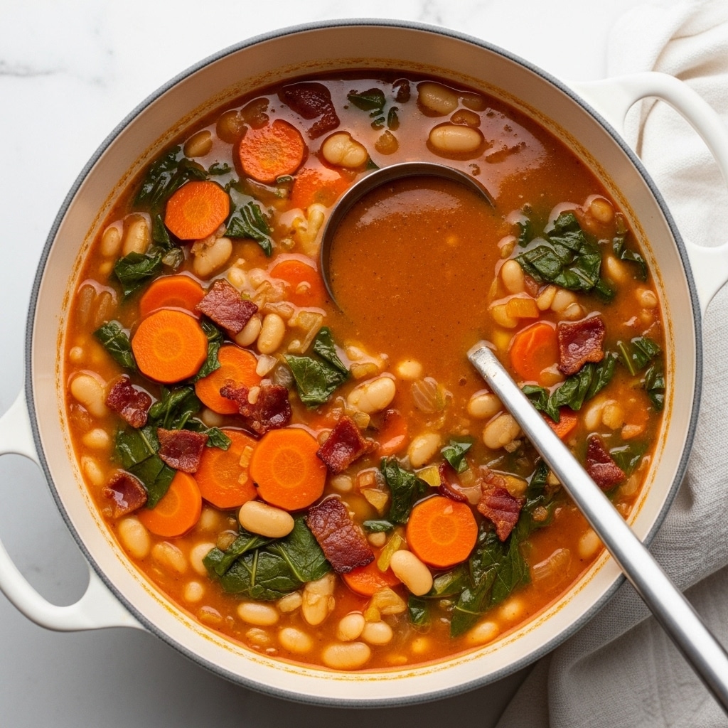 A large white pot filled with thick soup showing a mix of white beans, bright orange carrot slices, chopped green leafy vegetables, and small red bacon pieces in a light brown broth, with a shiny metal ladle resting on the soup's surface, placed on a white marbled texture. photo taken with an iphone --ar 4:5 --v 7