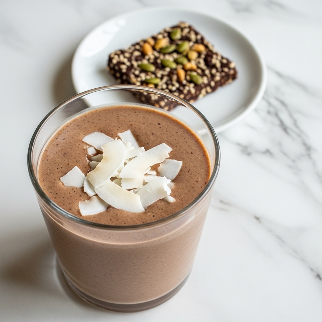 A close-up image shows a creamy light brown smoothie in a clear glass with a rounded shape. The smoothie is topped with large white coconut flakes that are scattered on the surface, adding texture and contrast to the smooth top layer. In the background, there is a white plate holding a small, dark brown and nut-studded bar, resting on a white marbled surface with a delicate white cloth underneath. photo taken with an iphone --ar 4:5 --v 7