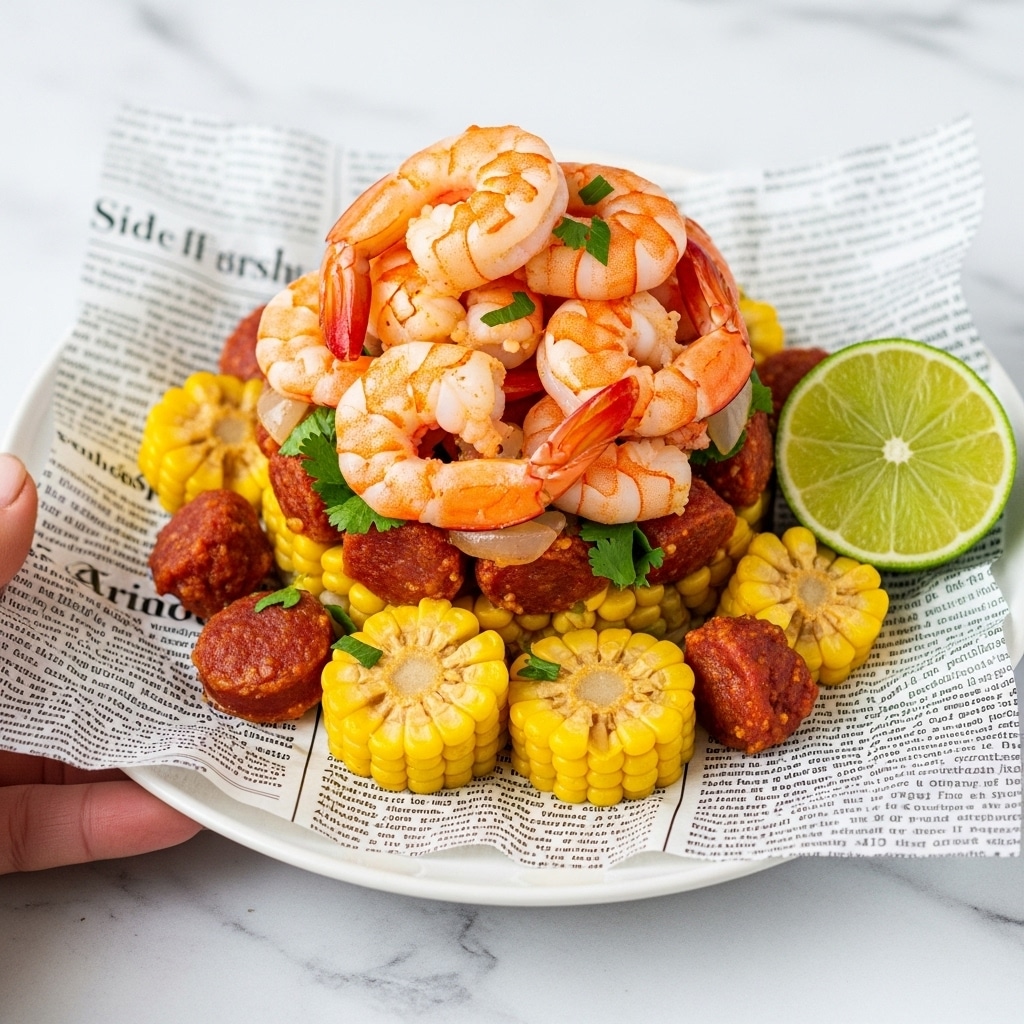 The image shows a white bowl filled with a seafood dish layered on top of newspaper sheets. The bottom layer consists of bright yellow corn on the cob pieces, cut into chunks. On top of the corn is a layer of cooked shrimp in a light pink color, sprinkled with chopped green herbs. Mixed in with the shrimp and corn are dark red sausage pieces adding contrast. A lime half with a fresh green color is placed on the side. A woman's hand holding a black fork is visible in the lower left corner of the bowl, which is set against a white marbled surface. Photo taken with an iphone --ar 4:5 --v 7