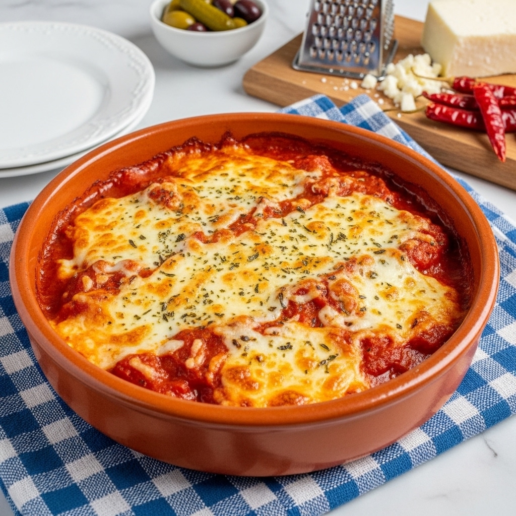 A round deep brown dish holds a baked lasagna with a bubbly, golden-brown melted cheese top layer mixed with white and slightly browned spots. Below the cheese, thick red tomato sauce is visible, bubbling around the edges. The dish rests on a blue and white checkered cloth, next to a white plate, a small white bowl with sundried tomatoes and cream, a wooden board with a block of cheese and scattered chili peppers, and a metal grater. The background is a white marbled surface. photo taken with an iphone --ar 4:5 --v 7