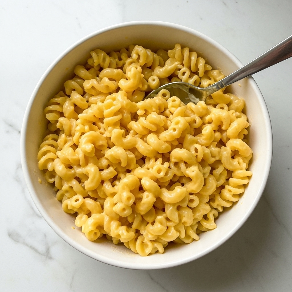 A white bowl filled with creamy, bright yellow macaroni and cheese made with rotini pasta, showing the spiral shapes coated in smooth cheese sauce. A silver spoon is placed in the bowl on the right side, partly inside the cheese-covered pasta. The bowl sits on a wooden surface with sunlight casting soft shadows around it, and there is no other food or utensils visible. photo taken with an iphone --ar 4:5 --v 7
