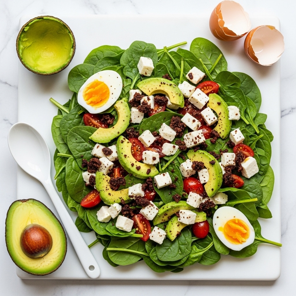The image shows a fresh salad on a clear white cutting board placed on a white marbled surface. The salad has a base layer of dark green spinach leaves scattered all over, topped with small pieces of red tomatoes and green avocado chunks. There are white cubes of cheese sprinkled evenly. On top of the salad, there are two halved boiled eggs with bright yellow yolks visible. To the right of the cutting board, there are cracked egg shells, and on the left side, there is a white spoon and half an avocado with its seed removed. The photo taken with an iphone --ar 4:5 --v 7