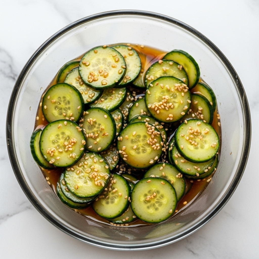 A clear glass bowl filled with thinly sliced cucumber rounds in light green with darker green edges, soaked in a dark, glossy liquid. The cucumber slices are layered unevenly, showing some overlapping pieces, and scattered throughout are small white sesame seeds. The bowl sits on a white marbled surface, enhancing the fresh and simple look of the dish. photo taken with an iphone --ar 4:5 --v 7