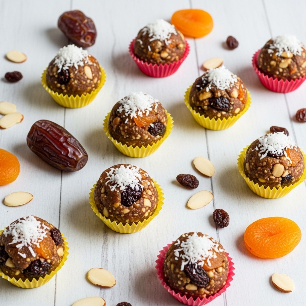 The image shows small round energy balls placed in white paper cups with red and yellow colors, arranged on a white marbled textured surface. Each energy ball has a rough texture with visible pieces of dried fruit including apricots and raisins, sprinkled with white shredded coconut on top. Around the energy balls, there are scattered slices of almonds, whole dates, dried apricots, and raisins, adding a mix of brown, orange, and cream colors to the scene. The lighting is soft and natural, highlighting the different textures and colors of the ingredients. photo taken with an iphone --ar 4:5 --v 7