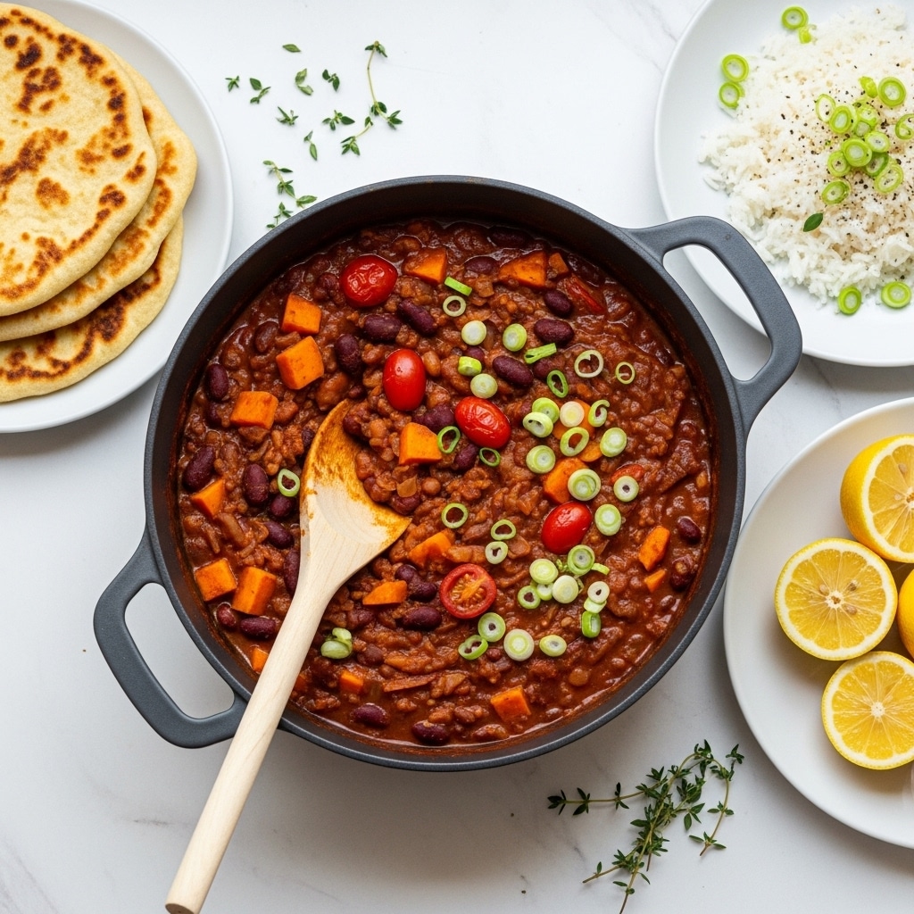 A gray pot filled with a thick stew of dark red kidney beans, chunks of orange sweet potato, and pieces of red bell pepper in a rich brown sauce, topped with chopped green onions. A wooden spoon rests inside the pot, partially covered by the stew. To the left, three golden brown flatbreads with uneven browning sit stacked on a white plate. On the right side, two beige bowls are visible: one containing plain white rice garnished with a few pieces of green onion, and the other holds two bright yellow lemon halves. Fresh sprigs of thyme and some loose herbs are scattered on a white marbled surface beneath the dishes. photo taken with an iphone --ar 4:5 --v 7