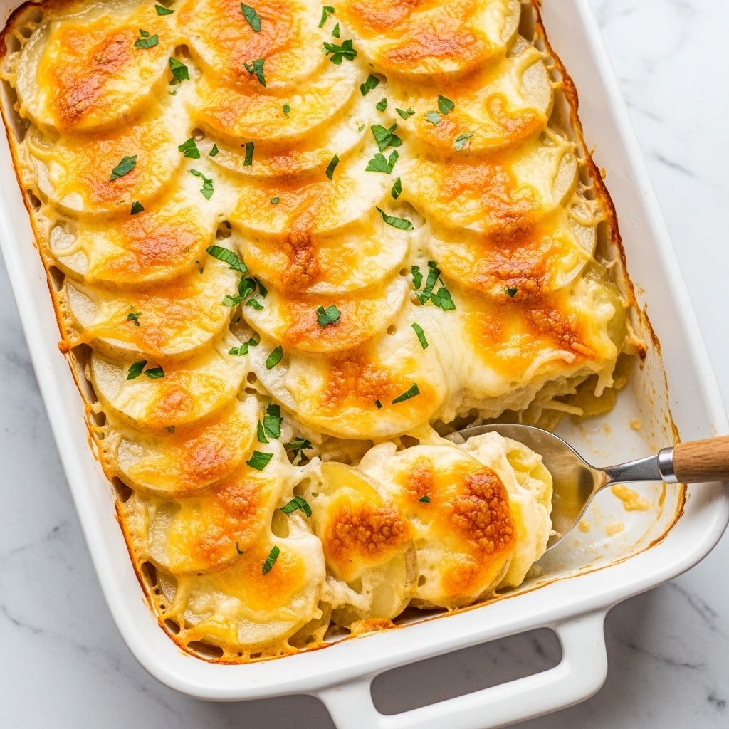 The image shows a close-up of a white baking dish filled with multiple thin layers of sliced potatoes covered in a creamy sauce and melted golden cheddar cheese on top. The potato slices are soft and pale yellow, while the melted cheese forms a bubbly, slightly browned crust with small green parsley bits sprinkled evenly over the top. A silver serving spoon scoops a portion from the dish, revealing moist, stacked potato layers under the cheese. The dish sits on a white marbled surface. photo taken with an iphone --ar 4:5 --v 7