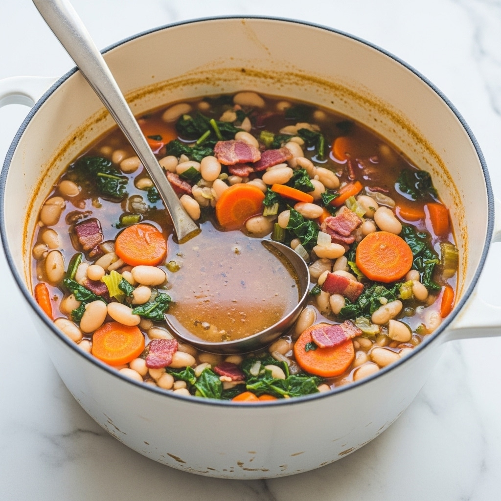 A large round white pot filled with thick soup, showing layers of orange broth mixed with white beans, bright orange carrot slices, dark green leafy vegetables, and small pieces of crispy reddish-brown bacon scattered evenly throughout. A long silver ladle sits inside the pot on the right side, slightly dipped in the soup, reflecting light on its smooth surface. The pot rests on a white marbled surface with a soft white cloth towel partly visible on the right side. photo taken with an iphone --ar 4:5 --v 7