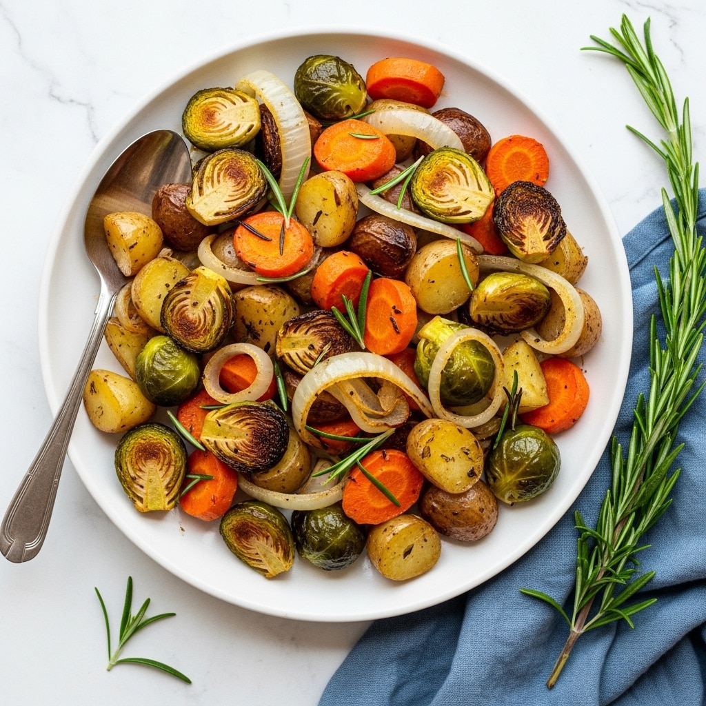 The image shows a white plate filled with roasted vegetables stacked in one layer. There are golden brown Brussels sprouts with crispy, darkened edges, bright orange carrot slices, chunks of light yellow potatoes with browned skins, and translucent sautéed onions mixed throughout. Small sprigs of fresh green rosemary are scattered on top, adding contrast. The plate sits on a white marbled surface with a blue cloth napkin to the side, and a silver spoon rests on the left side of the plate with some vegetables on it. Photo taken with an iphone --ar 4:5 --v 7