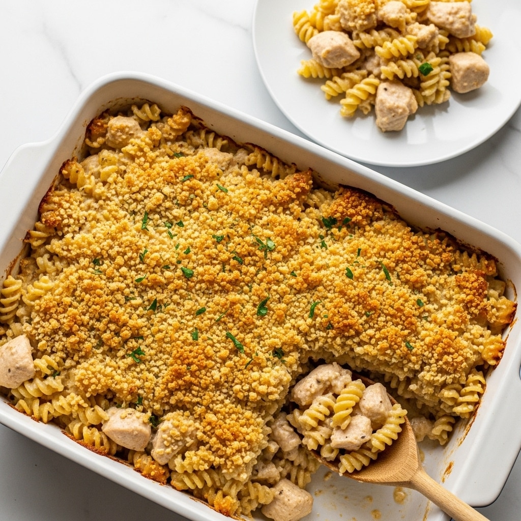 A white rectangular baking dish fills most of the image with a creamy pasta casserole that has two layers visible: the bottom layer is a light beige creamy mixture with spiral pasta and chunks of chicken in a sauce, while the top layer is a thick, golden-brown crunchy breadcrumb crust sprinkled with fresh green parsley. A wooden spoon scoops some of the casserole from one corner, showing the soft interior. To the upper right, a serving of the casserole is on a white plate, showing the same creamy pasta and topping. The whole scene is set on a white marbled surface. photo taken with an iphone --ar 4:5 --v 7