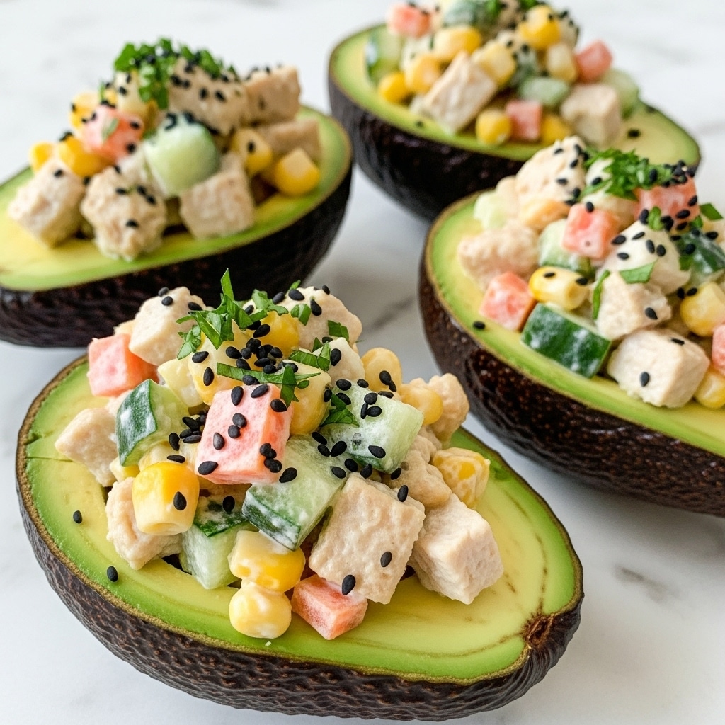 The image shows four avocado halves with dark green, rough skin, each filled generously with a creamy salad mixture. The salad inside has multiple visible layers, featuring small chunks of orange carrots, yellow corn, light green celery, and creamy off-white dressing, all mixed together. On top, finely chopped green herbs are sprinkled along with tiny black seeds, giving a fresh look. The avocados are placed on a white marbled surface, with some herbs scattered around, adding to the natural feel. photo taken with an iphone --ar 4:5 --v 7