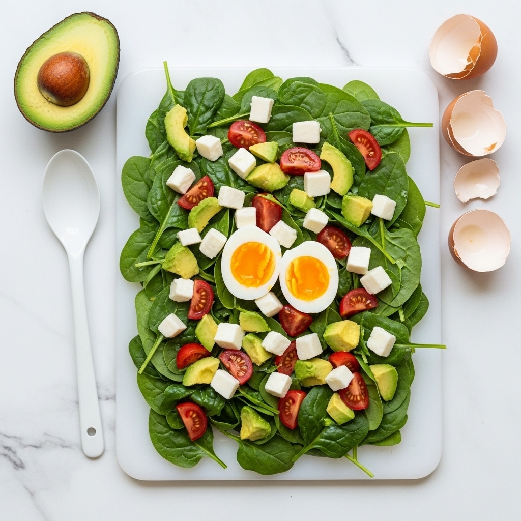 A fresh salad sits on a white cutting board with a white spoon on the left and half an avocado with its pit removed nearby. The salad has a base layer of bright green spinach leaves, topped with small red tomato pieces and cubed white cheese mixed throughout. Chopped green avocado pieces and dark brown crumbled bits are spread over the salad. Two halves of a boiled egg with yellow yolks and white edges are placed on top near the edges. Cracked eggshells are scattered on the top right of the board. The background is a white marbled surface. Photo taken with an iphone --ar 4:5 --v 7