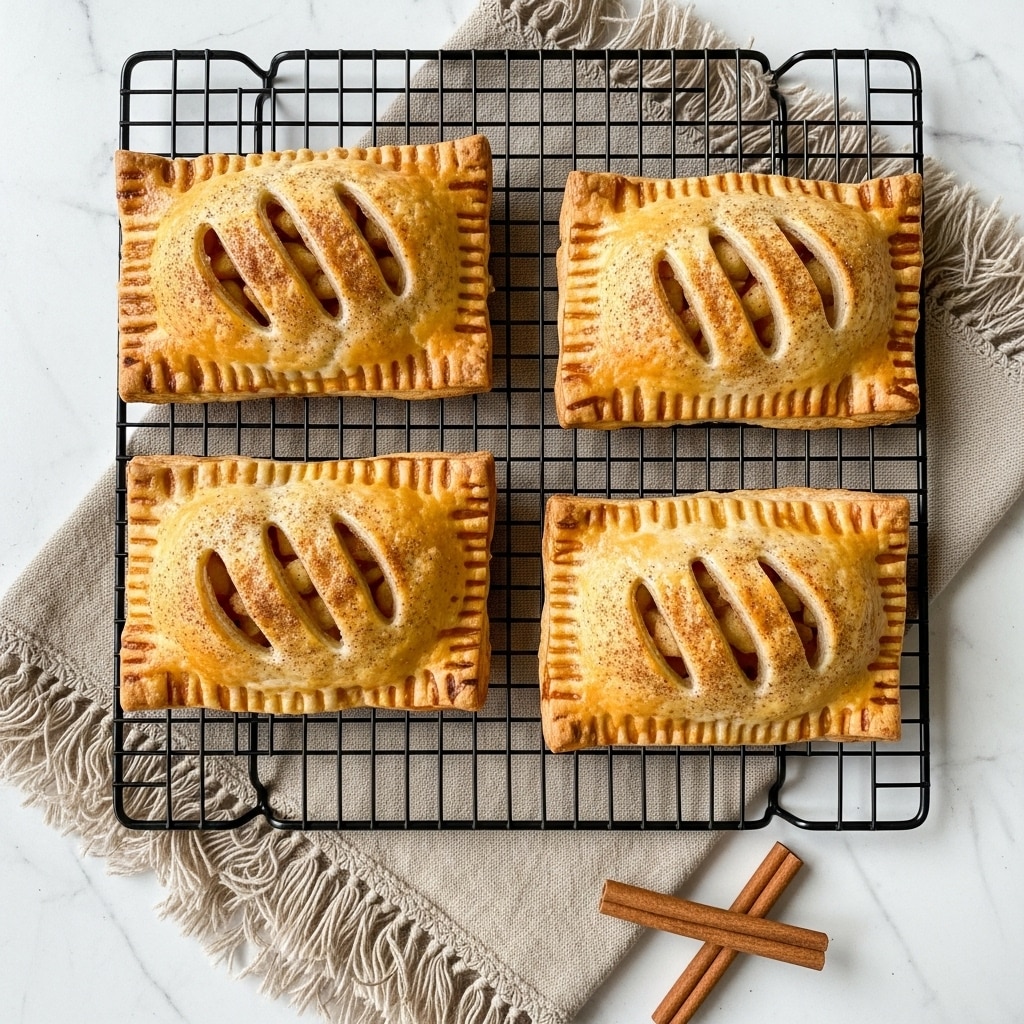 Four rectangular apple hand pies sit on a black cooling rack placed over a beige cloth with frayed edges on a white marbled surface. Each pie has a golden-brown, flaky crust with three diagonal slits on top showing warm, cinnamon-spiced apple filling inside. The crust edges are crimped and slightly darker brown, with a light dusting of cinnamon or sugar on top, adding texture and warmth. Two cinnamon sticks lie beside the cloth for decoration. Photo taken with an iphone --ar 4:5 --v 7