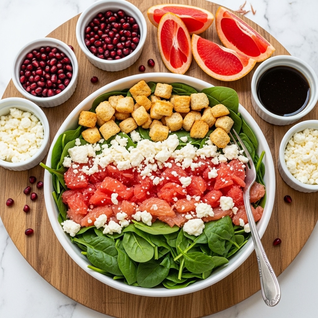 A white bowl holds a fresh salad made of bright green baby spinach leaves scattered with small chunks of golden-brown croutons, pieces of red and pale pink grapefruit segments, and white popcorn bits, creating a mix of colors and textures in the bowl. Around the bowl are four small white bowls each holding a different ingredient: dark red pomegranate seeds, peeled grapefruit segments, amber-colored dressing, and light orange grapefruit slices. A silver spoon rests inside the salad bowl, all placed on a white marbled textured surface. Photo taken with an iphone --ar 4:5 --v 7