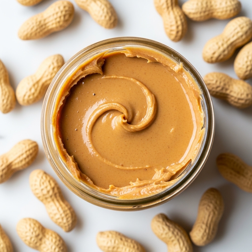 A top-down view of a clear glass jar filled with smooth, light brown peanut butter, showing a creamy texture with slight gloss on the surface. Around the jar, raw, pale beige peanuts with a few darker spots are scattered on a white marbled surface, creating a natural and simple setting. The peanut butter is filled almost to the jar's rim, with small traces on the inner edge of the glass. Photo taken with an iphone --ar 4:5 --v 7