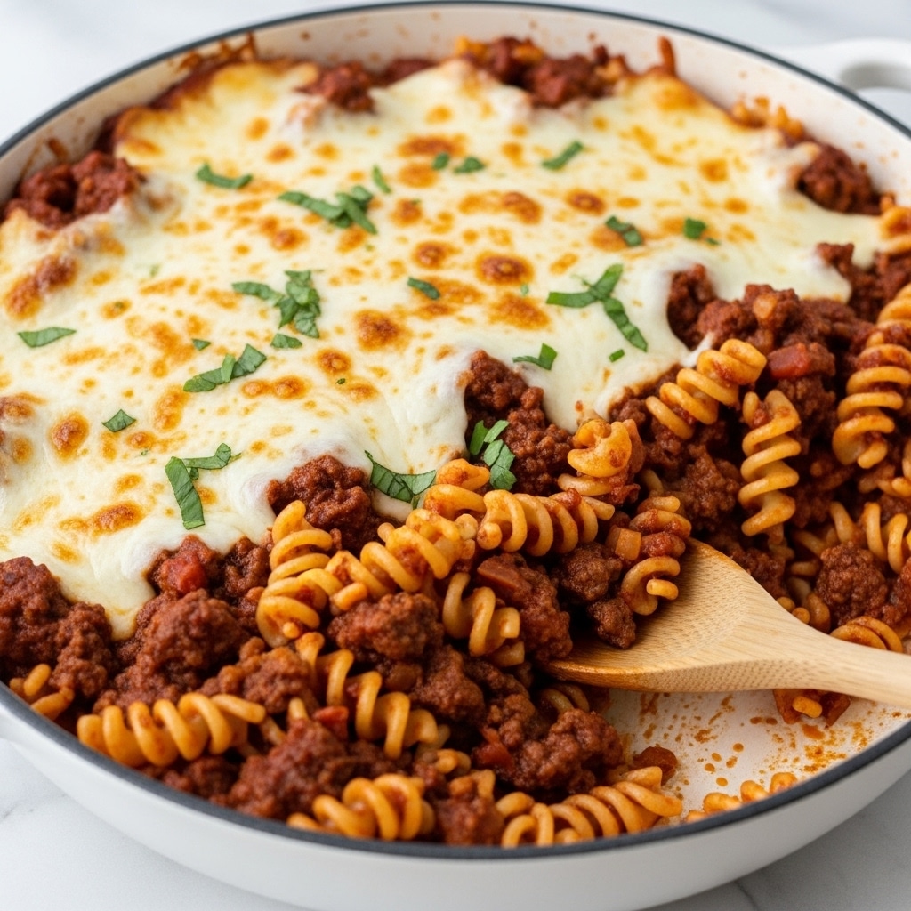 The dish shows a close-up of a deep white pan filled with a baked pasta casserole. The bottom layer is rich red-orange tomato meat sauce with ground beef, covered by twisted pasta mixed in. The top layer is melted creamy white cheese that is slightly browned in spots, sprinkled with small bits of green herbs. A wooden spoon is scooping up some pasta from the pan, causing the cheese and sauce to stretch and mix. The pan is resting on a white marbled surface. photo taken with an iphone --ar 4:5 --v 7