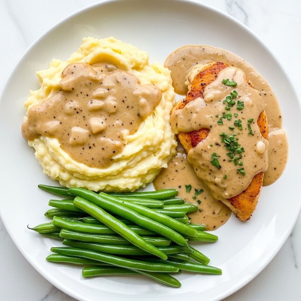 A white plate holds a serving of creamy mashed potatoes topped with smooth, light brown gravy with some black pepper specks, positioned on the left side. Next to the mashed potatoes on the right is a golden-brown chicken breast covered in the same glossy light brown gravy with small green herb pieces sprinkled on top. At the bottom left corner of the plate, a small bunch of bright green, steamed green beans adds a fresh color contrast. The plate is set on a white marbled texture surface. photo taken with an iphone --ar 4:5 --v 7