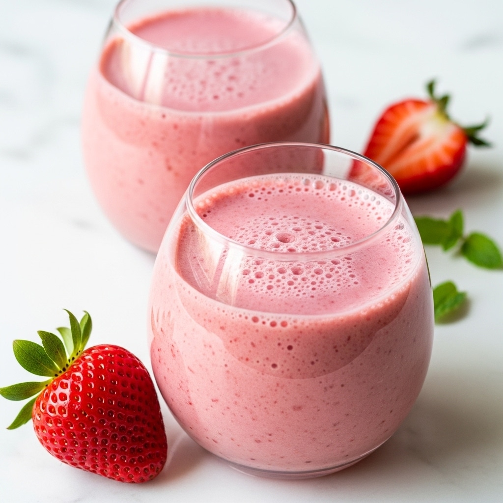 Two clear round glasses filled with a pinkish-red strawberry smoothie with a slightly frothy top layer. The smoothie has a smooth texture and fills each glass almost to the rim. Around the glasses, there are fresh strawberries; one whole strawberry is lying on the white marbled surface in the front left, and a sliced strawberry with its green leaf is in the top right. Small green mint leaves are scattered nearby on the white marbled surface, adding a pop of color. The photo has a soft natural light, creating a fresh and inviting look. photo taken with an iphone --ar 4:5 --v 7