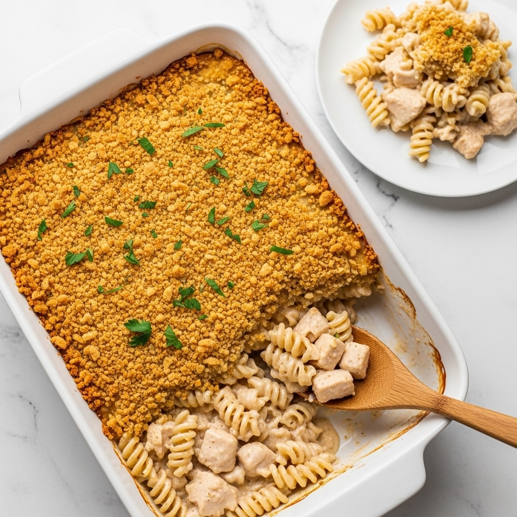 The image shows a rectangular white baking dish filled with a creamy baked pasta casserole. The top layer is golden brown and crunchy with a textured breadcrumb topping scattered with small green herb pieces. Underneath, there are small spiral pasta shapes in a creamy sauce mixed with chunks of light-colored cooked chicken. A wooden spoon scoops some casserole from one corner, revealing the soft, saucy pasta and chicken layers below the crisp topping. To the top right, a white plate holds a serving of the casserole on a white marbled surface. Photo taken with an iphone --ar 4:5 --v 7
