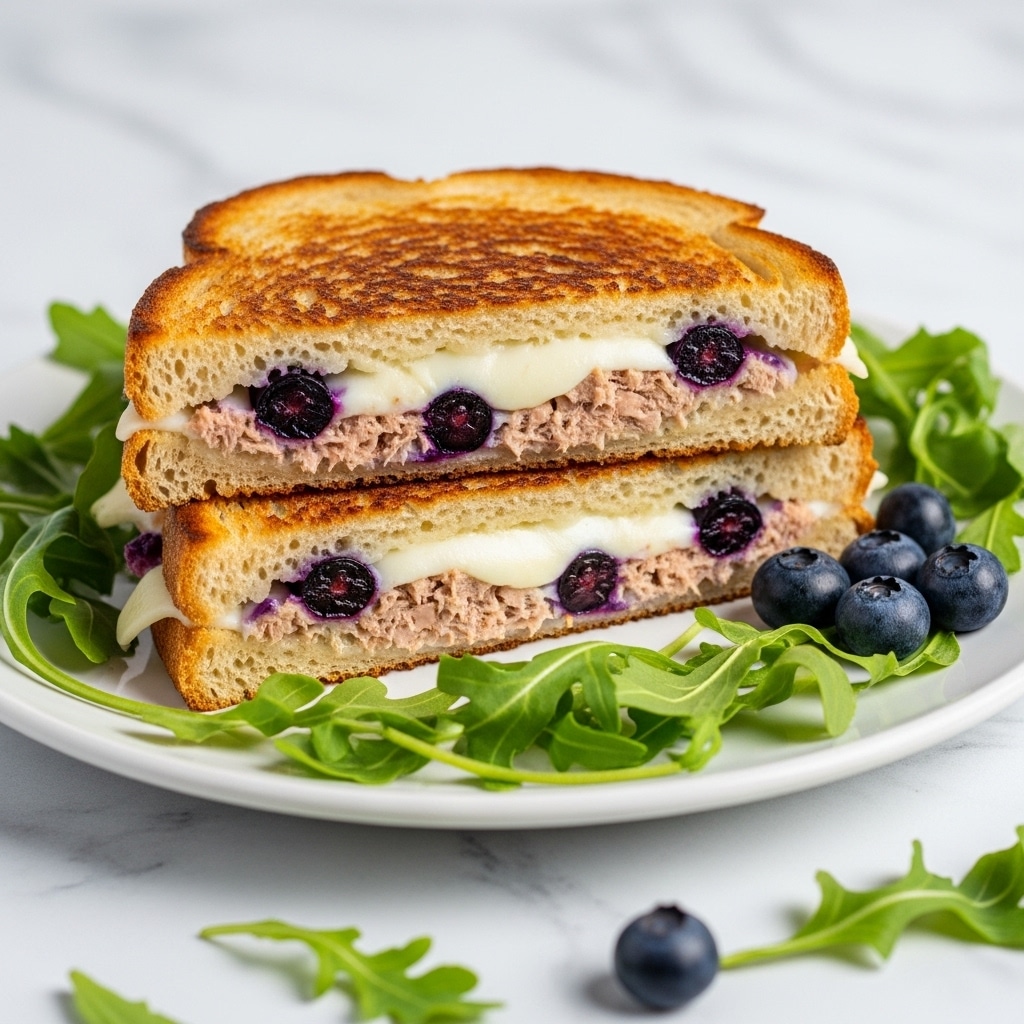 The image shows a grilled sandwich cut in half, with a golden brown toasted top layer. Inside, there are layers of melted light-colored cheese, small dark blue berries, and a spread of pinkish meat or tuna. The sandwich is placed on a white plate, surrounded by fresh green arugula leaves. The background is a white marbled surface with a few blueberries scattered nearby. Photo taken with an iphone --ar 4:5 --v 7
