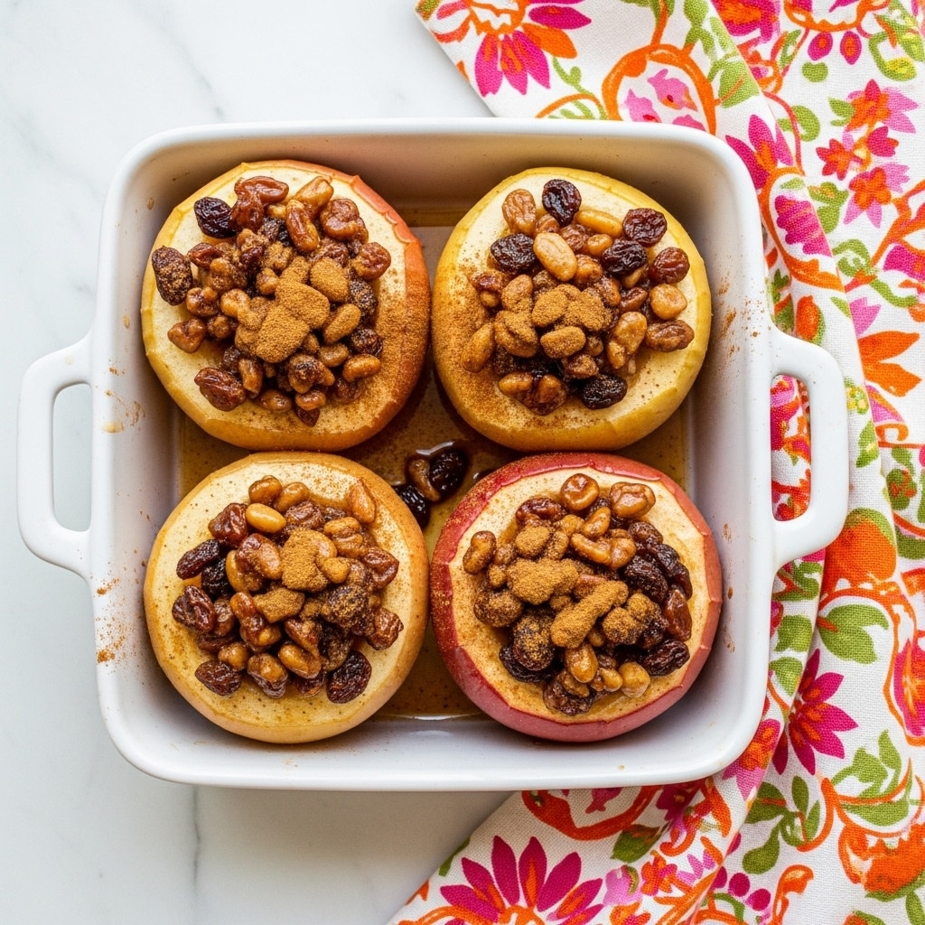 Four baked apples sit in a white rectangular dish with handles on each side, placed on a white marbled textured surface with a colorful patterned cloth nearby. Each apple has the top peeled off to reveal the pale yellow inside, filled with a dark brown mixture of raisins and chopped nuts, with syrup dripping down the sides. The apples’ red skin contrasts with the cinnamon-dusted peeled areas, showing a soft and juicy texture. Photo taken with an iphone --ar 4:5 --v 7