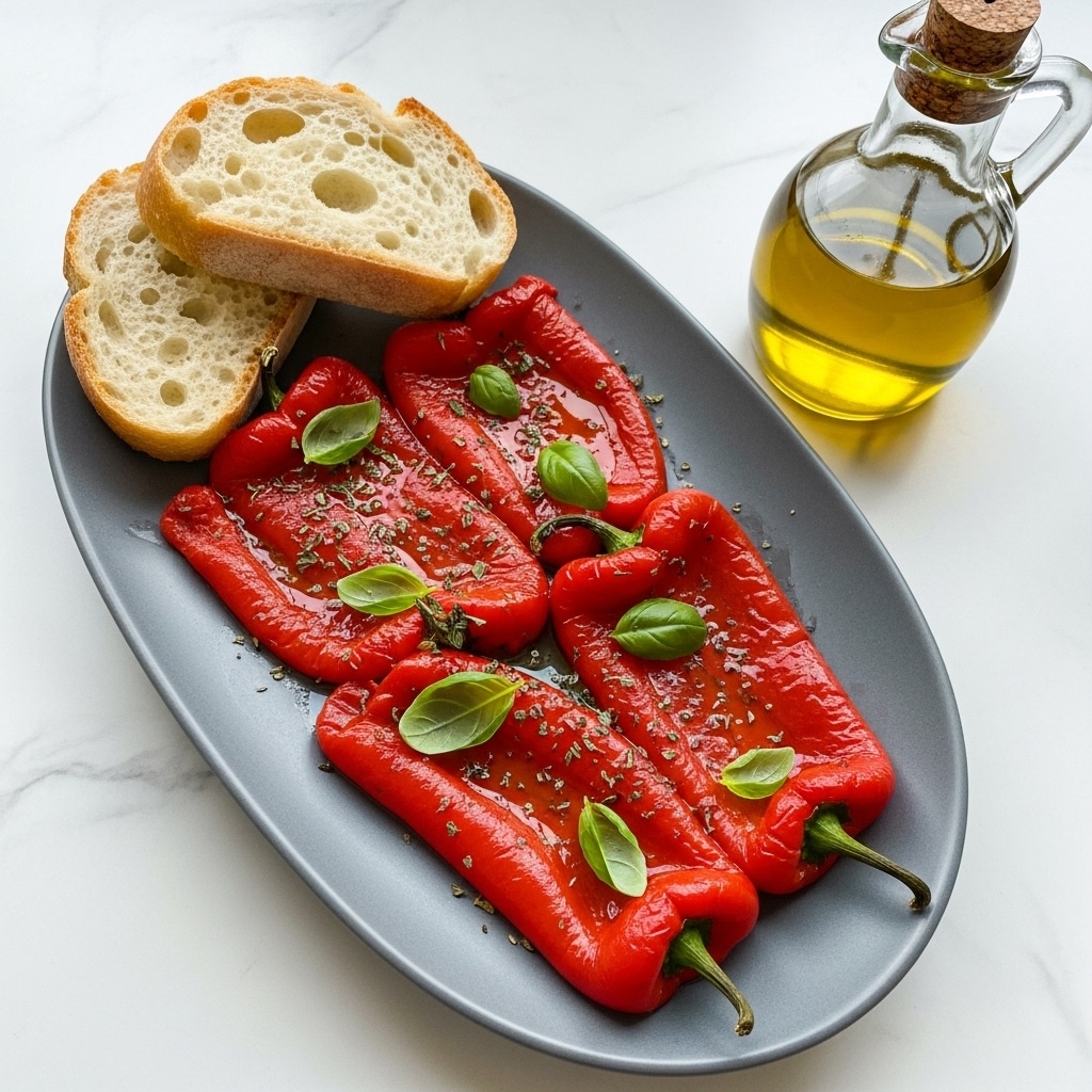 A white oval-shaped plate holds soft, bright red roasted pepper slices arranged in a loosely piled layer, garnished with small green basil leaves scattered on top. Two pieces of crusty white bread with a light golden crust are placed leaning against the left side of the plate. To the right of the plate, a clear glass bottle filled with yellow olive oil and sealed with a cork sits on a white marbled surface. photo taken with an iphone --ar 4:5 --v 7