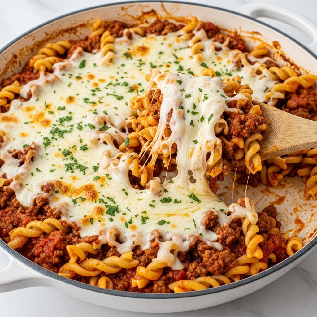 A close-up view of a baked pasta dish in a white pan, showing two main layers: a bottom layer of curly pasta mixed with a rich, thick meat sauce that is dark red and brown, and a top layer covered with melted, creamy white cheese with slight golden brown spots. Fresh green herbs are sprinkled gently on top, adding small pops of color. A wooden spoon is partially submerged in the pasta, lifting some of the mixture to reveal the saucy pasta below. The pan sits on a white marbled surface. Photo taken with an iphone --ar 4:5 --v 7