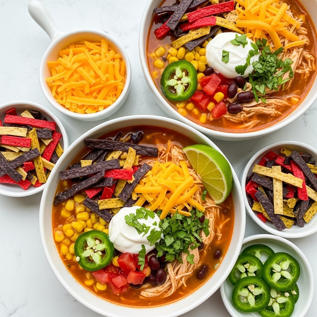 The image shows two white bowls filled with a colorful chicken and vegetable soup. Each bowl has a base layer of broth with yellow corn, black beans, red bell peppers, and shredded chicken. On top, there is a layer of crispy tortilla strips in red, beige, and purple colors, along with slices of green jalapeño. A scoop of sour cream sits in the center, garnished with chopped green herbs. One bowl also has a lime wedge placed inside for added color. Around the bowls, there are small white dishes holding grated yellow cheese and more tortilla strips, with scattered lime wedges and fresh green herbs on a white marbled surface. Photo taken with an iphone --ar 4:5 --v 7