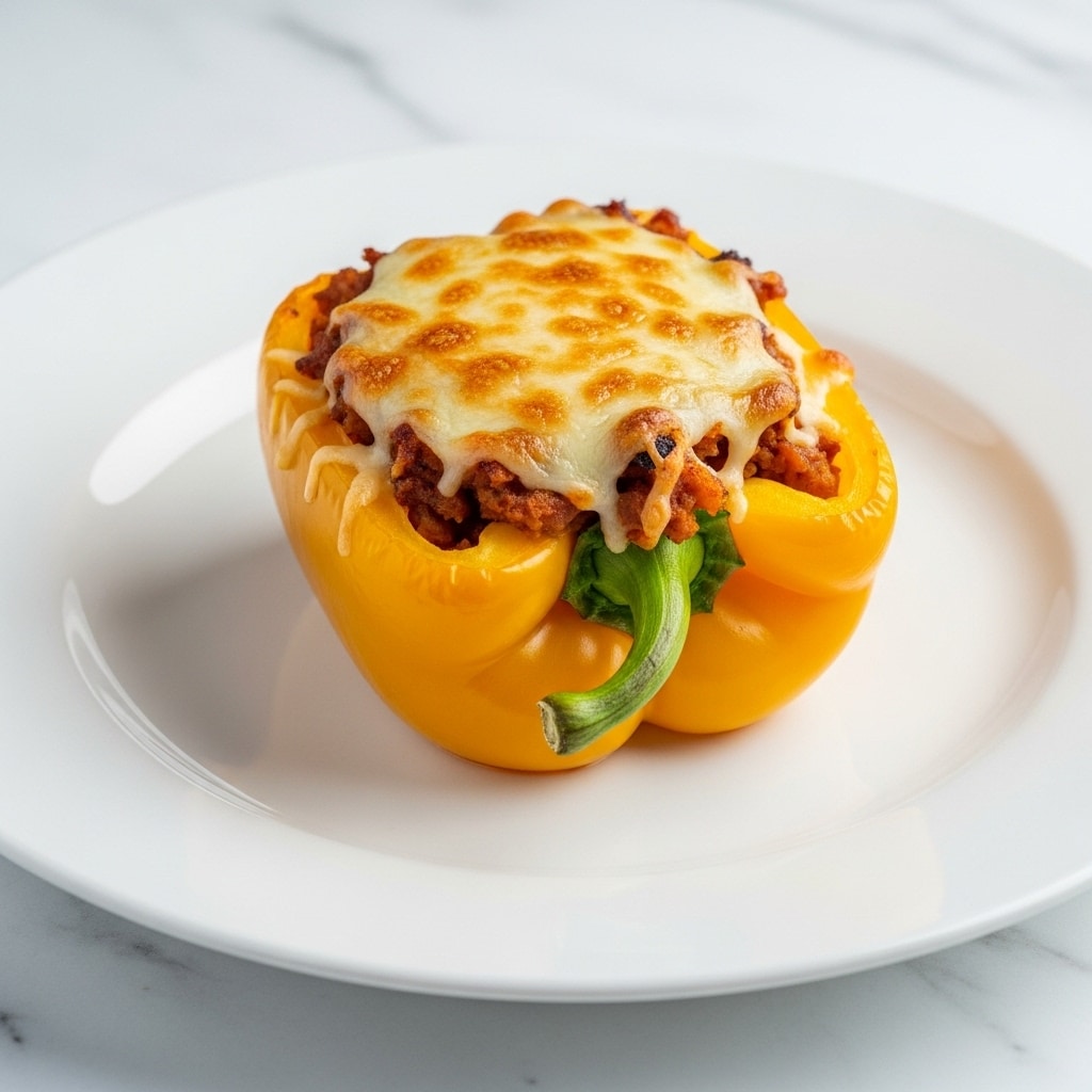 A single stuffed yellow bell pepper is placed in the center of a large white plate. The pepper is hollowed out and filled with a mixture that includes visible pieces of green and orange ingredients, likely vegetables or sauce layers. The top layer is covered with melted cheese that is slightly browned, giving it a golden, bubbly texture. The white plate sits on a surface with a white marbled texture, and the lighting highlights the glistening cheese and the smooth, bright yellow surface of the pepper. photo taken with an iphone --ar 4:5 --v 7