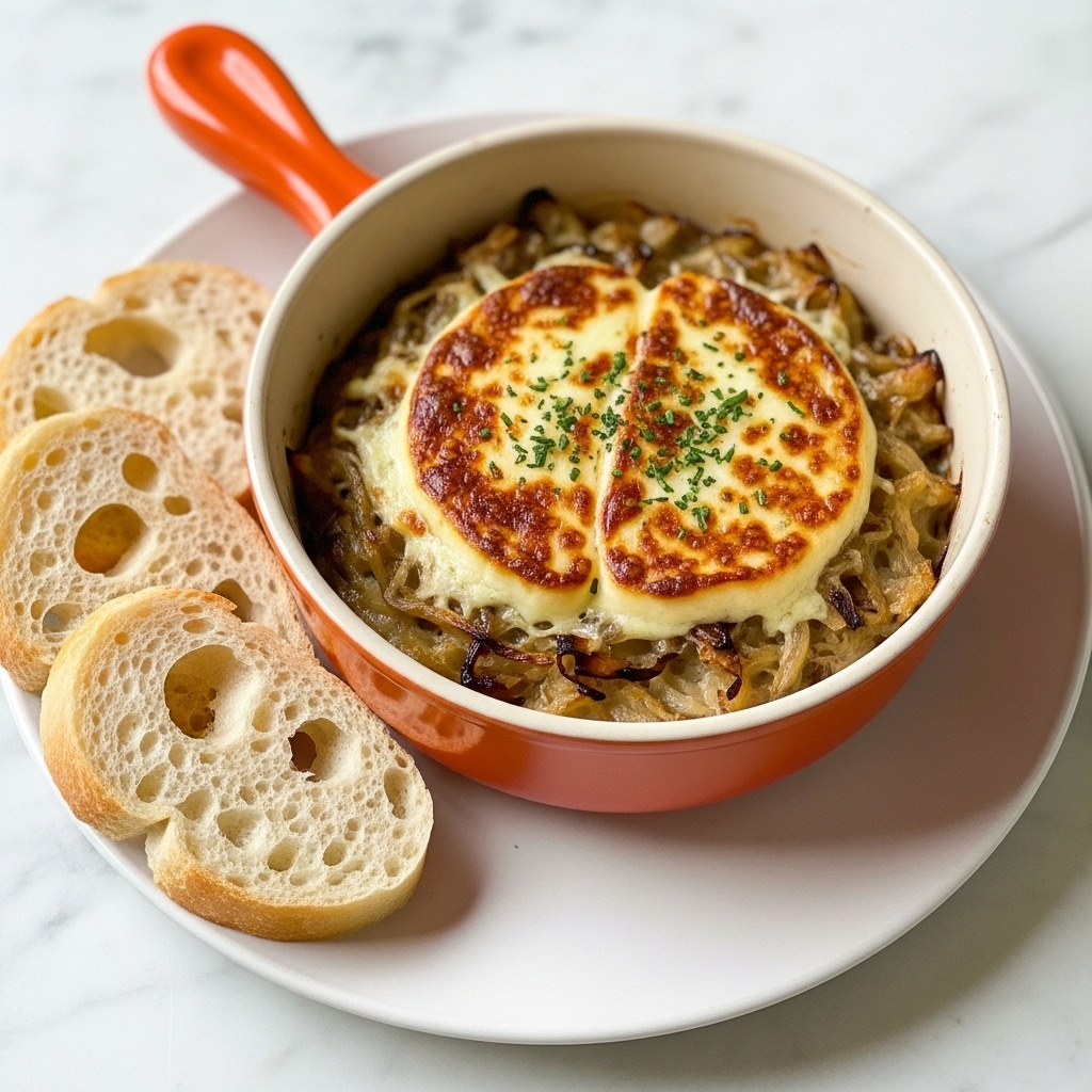 A round terracotta bowl with a brown handle holds a dish topped with two thick layers of melted cheese, browned and bubbly with golden spots and a slightly crispy texture on top; beneath the cheese, a soft, dark layer of caramelized onions is visible around the edges garnished with small green herbs. The bowl sits on a white plate with a shiny silver spoon at the top left, and two slices of light, soft bread with air holes are placed on the lower right side of the plate. The scene is set on a white marbled surface. photo taken with an iphone --ar 4:5 --v 7
