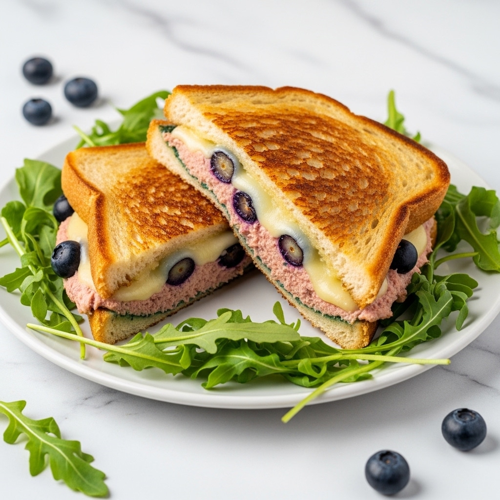 The image shows a toasted sandwich cut in half on a white plate. The sandwich has three visible layers: the top layer is golden-brown toasted bread with a crispy texture, the middle layer includes melted white cheese mixed with small dark blueberries and some tuna, and the bottom layer is thick, slightly crusty bread. The sandwich sits on a bed of fresh green arugula leaves scattered around the plate. A few loose blueberries rest beside the sandwich on the white marbled surface background. photo taken with an iphone --ar 4:5 --v 7