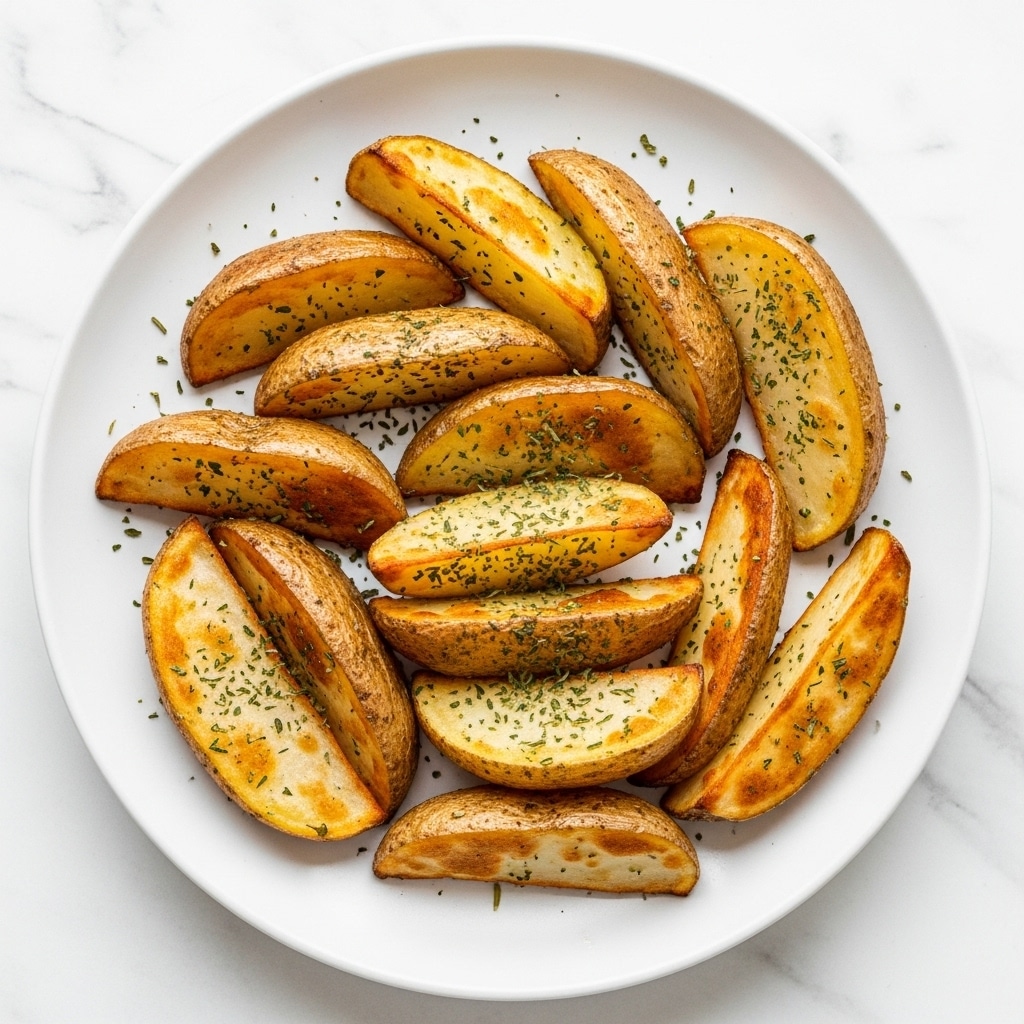 The image shows a white plate filled with thick potato wedges that are cooked with a slightly crispy texture. The wedges have a golden brown color on the edges and a lighter yellowish color in the middle, sprinkled with green dried herbs and black pepper. They are arranged randomly on the plate against a white marbled background. photo taken with an iphone --ar 4:5 --v 7
