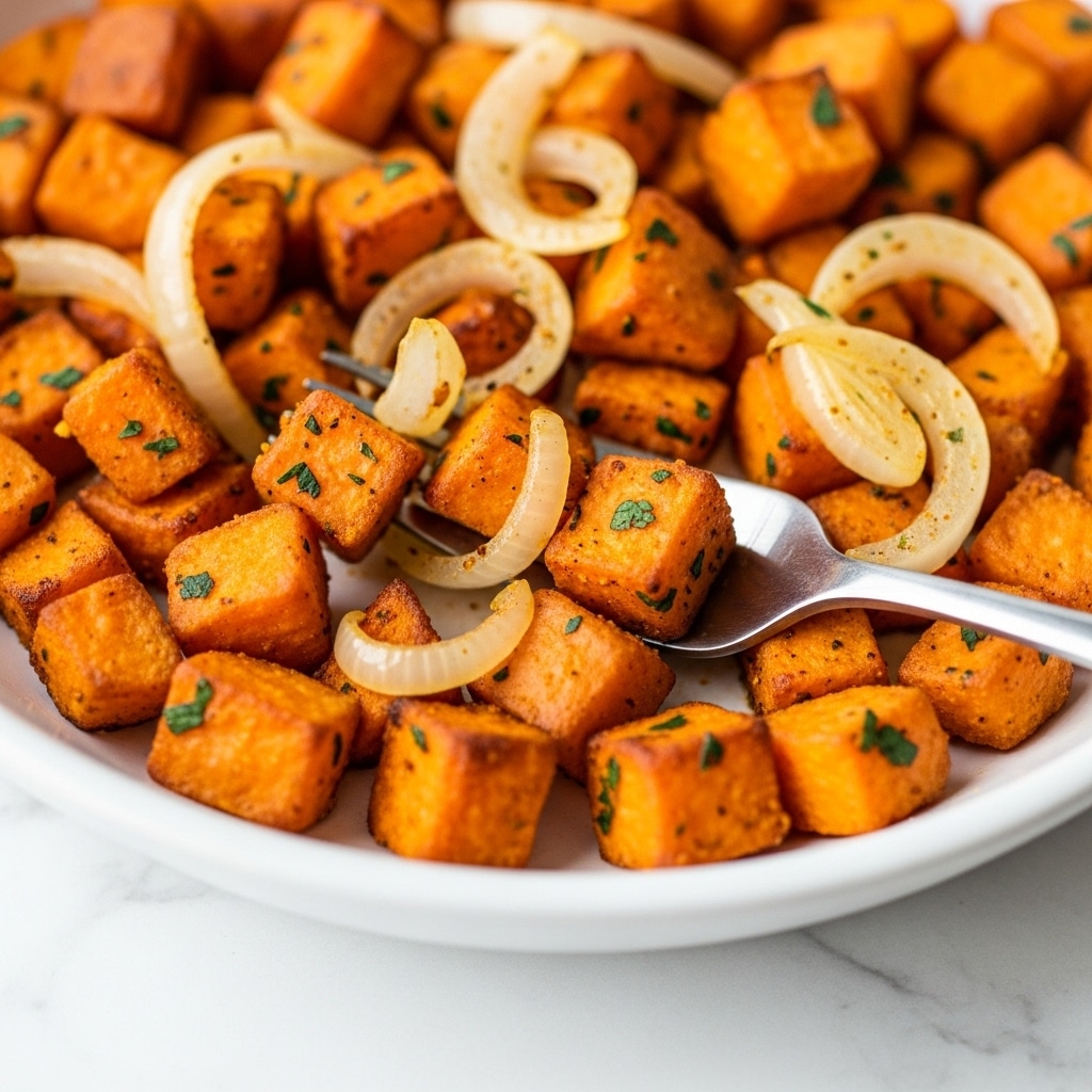 This image shows a white dish filled with roasted sweet potato cubes and chunks of cooked onion mixed with herbs. The sweet potatoes are bright orange and look soft, with some green herbs sprinkled all over. The onions are translucent white, slightly browned, and chunky enough to hold their shape. A silver fork lifts a portion from the dish, focusing on a few sweet potato pieces and onions. The dish rests on a white marbled surface with a striped cloth underneath. Photo taken with an iphone --ar 4:5 --v 7