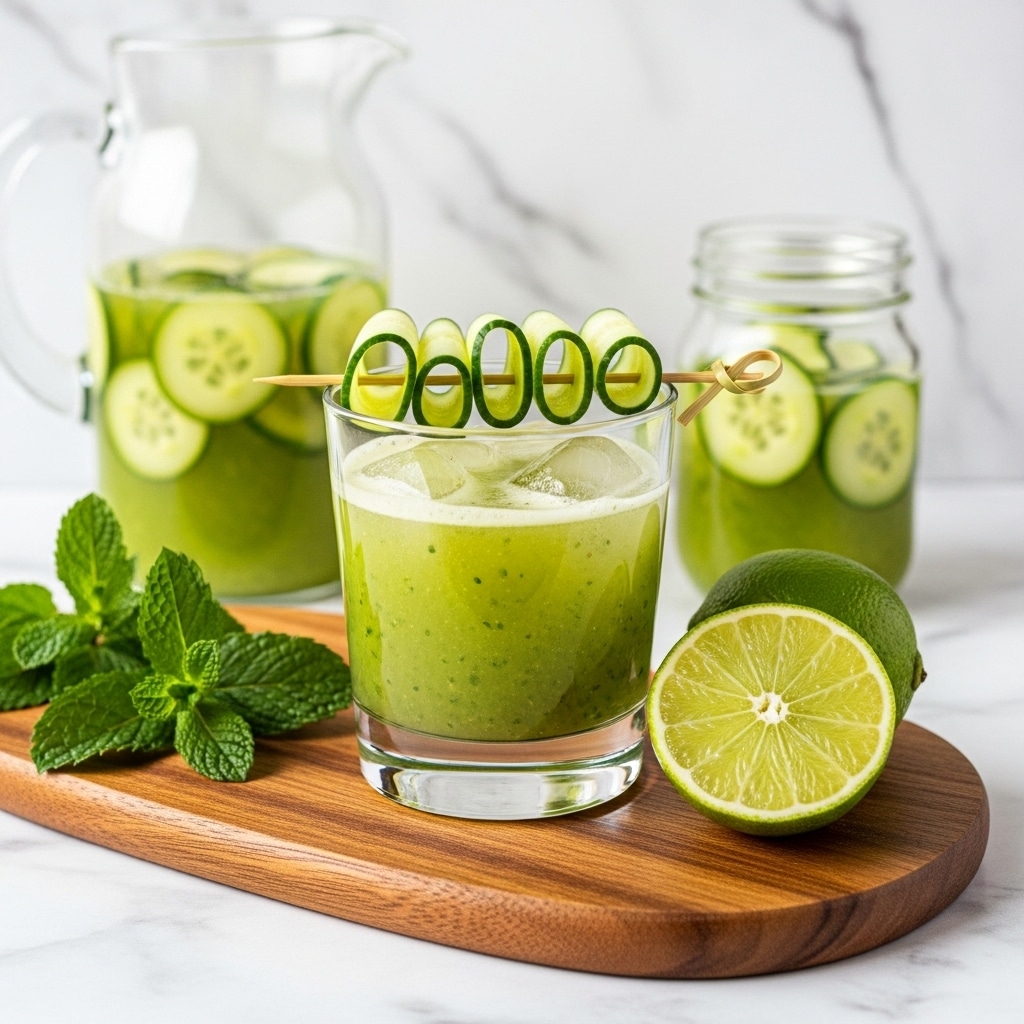 A clear short glass filled with a light green drink and ice cubes sits on a wooden board. On top of the glass rests a skewer threaded with folded cucumber slices, showing dark and light green shades and smooth texture. Behind the glass, a large clear bottle with the same green liquid is visible, and to the right, part of another glass filled with the same drink is present. On the white marbled surface in the foreground, there is a halved lime and fresh mint leaves with bright green coloring and textured veins. The background features a large clear jar filled with rounded green fruits, all set against the white marbled texture. photo taken with an iphone --ar 4:5 --v 7