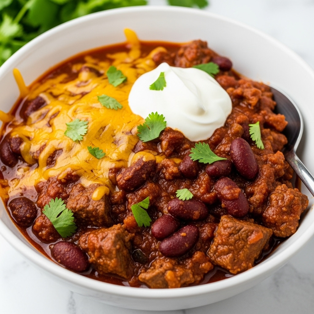 A white bowl filled with thick chili, showing many small dark brown beef chunks mixed with dark red kidney beans and a rich red sauce. On one side, melted bright orange shredded cheese covers part of the chili, topped with a small dollop of white sour cream. Green chopped herbs are sprinkled on top for color. A silver spoon rests inside the bowl. The bowl sits on a white marbled surface with some green leafy parsley in the background. photo taken with an iphone --ar 4:5 --v 7