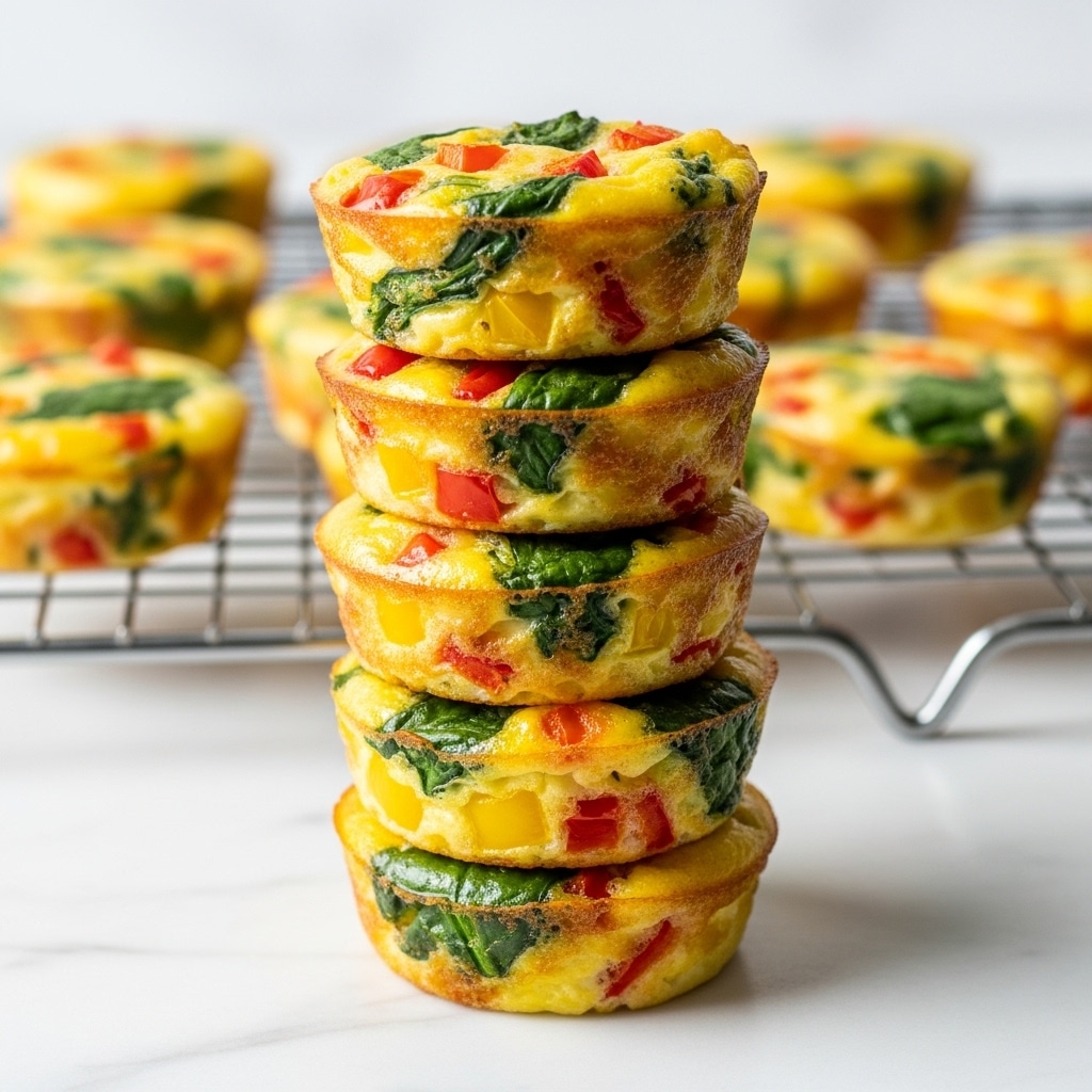 A close-up image shows a stack of five mini frittatas on a white marbled surface with a metal cooling rack underneath. Each frittata is round and slightly thick, with a golden-yellow base filled with pieces of red bell pepper, green spinach, and small brown bits of cooked onion or mushroom. The top frittata reveals a slightly browned, textured surface with the colorful ingredients spread evenly inside. In the background, several more mini frittatas are blurred out on the same metal rack. photo taken with an iphone --ar 4:5 --v 7