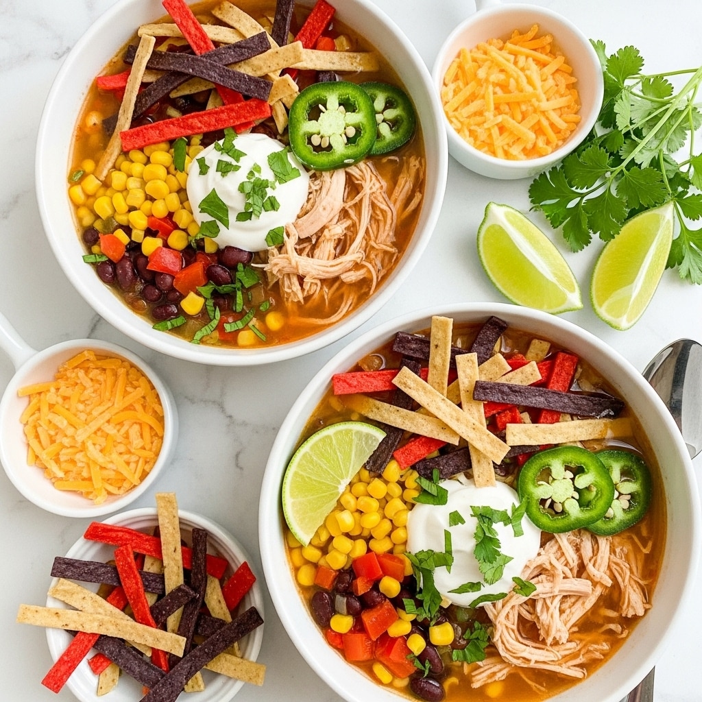 The image shows two white bowls filled with a colorful chicken tortilla soup. Each bowl has a base of rich orange-brown broth mixed with shredded chicken, yellow corn, black beans, and diced red tomatoes. On top, there are layers of dark purple, red, and beige crispy tortilla strips, bright yellow shredded cheddar cheese, fresh green jalapeño slices, a dollop of white sour cream, and a sprinkle of finely chopped fresh green cilantro. A wedge of lime is placed on the edge of one bowl. Surrounding the bowls are small white dishes with extra shredded cheese, multicolored tortilla strips, and sliced jalapeños. The surface is a white marbled texture. photo taken with an iphone --ar 4:5 --v 7