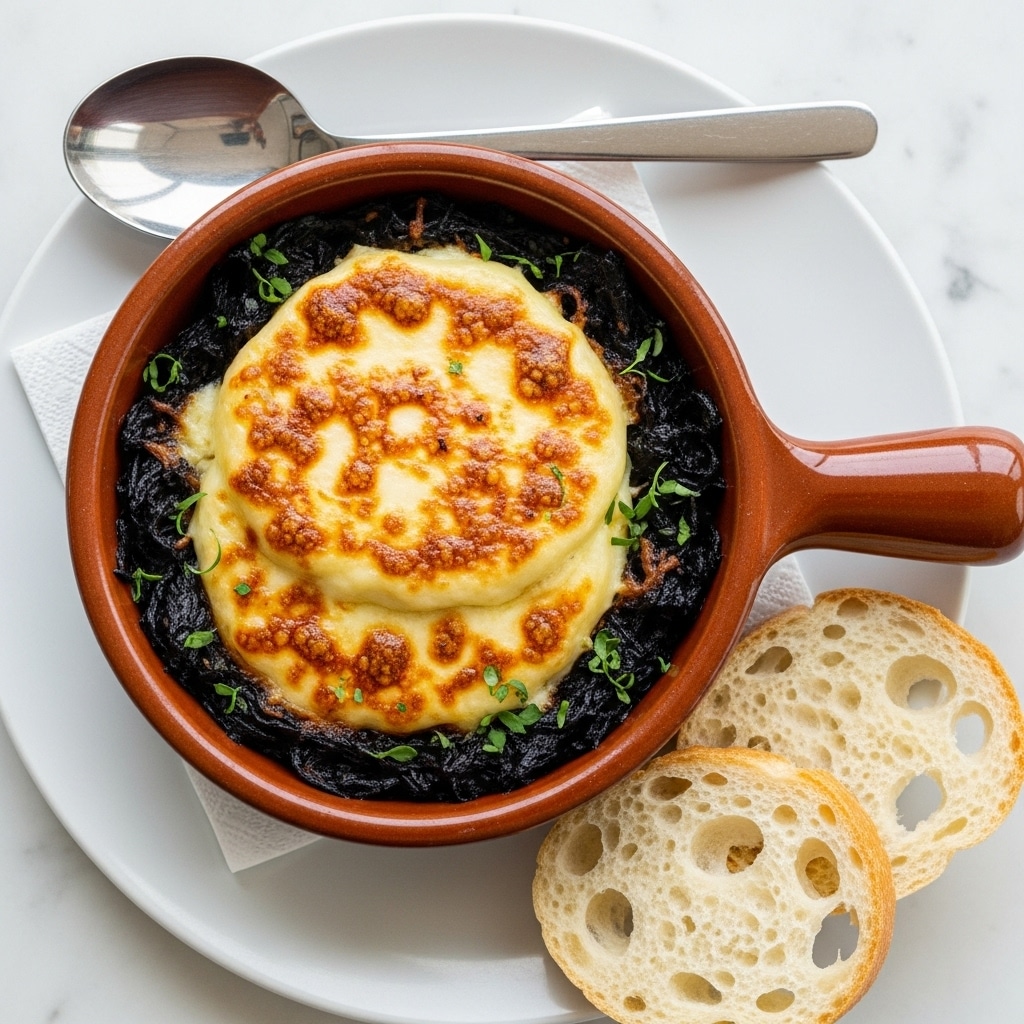 A round orange ceramic pot with a handle holds a baked dish topped with two thick slices of melted cheese browned and slightly crispy on top, with small green herb bits scattered over the cheese. Under the cheese, the dish looks creamy with a mix of light and brown colors, likely caramelized onions. The pot sits on a white plate, with three slices of light, airy bread with holes placed on the plate's edge. The whole setting is on a white marbled surface. photo taken with an iphone --ar 4:5 --v 7