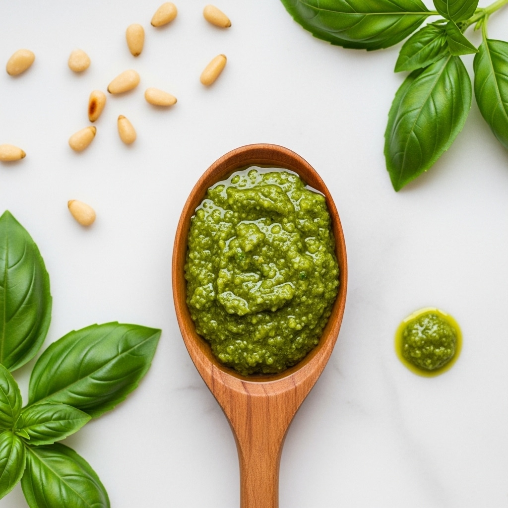 A wooden spoon filled with bright green pesto sauce sits on a white marbled surface. The pesto is thick with a slightly glossy texture and a few small bits visible inside. Around the spoon, there are scattered light beige pine nuts and fresh green basil leaves, some whole and some partially visible. A small drop of pesto is also on the surface to the right of the spoon. The overall look is fresh and natural, with soft light coming from above. Photo taken with an iphone --ar 4:5 --v 7