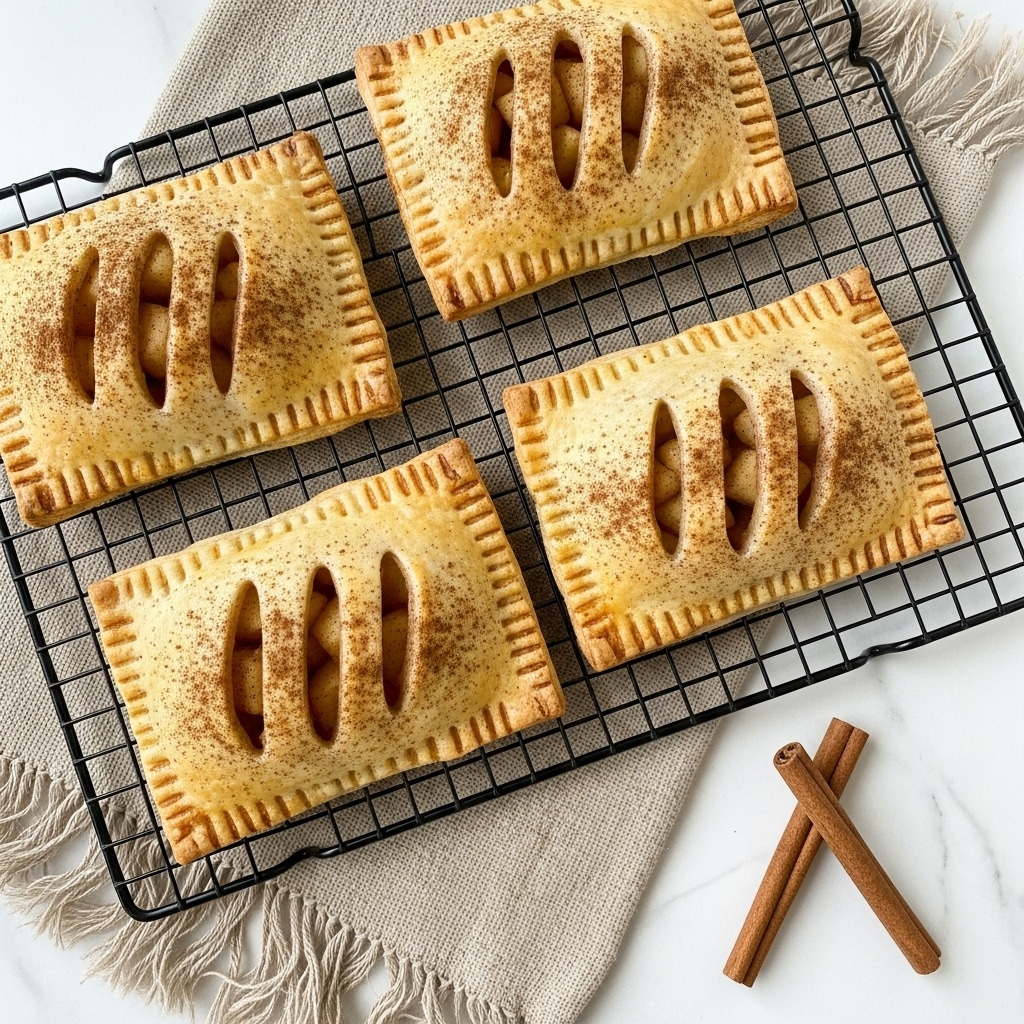 Four rectangular apple hand pies with golden brown, slightly crispy crusts and cinnamon dusting on top are placed on a black cooling rack that rests on a beige textured cloth with frayed edges. Each pie has three diagonal slits on the top layer, showing a filling of cooked apple chunks in brown syrup. Two cinnamon sticks are positioned crossed off to the side on a white marbled surface. Photo taken with an iphone --ar 4:5 --v 7