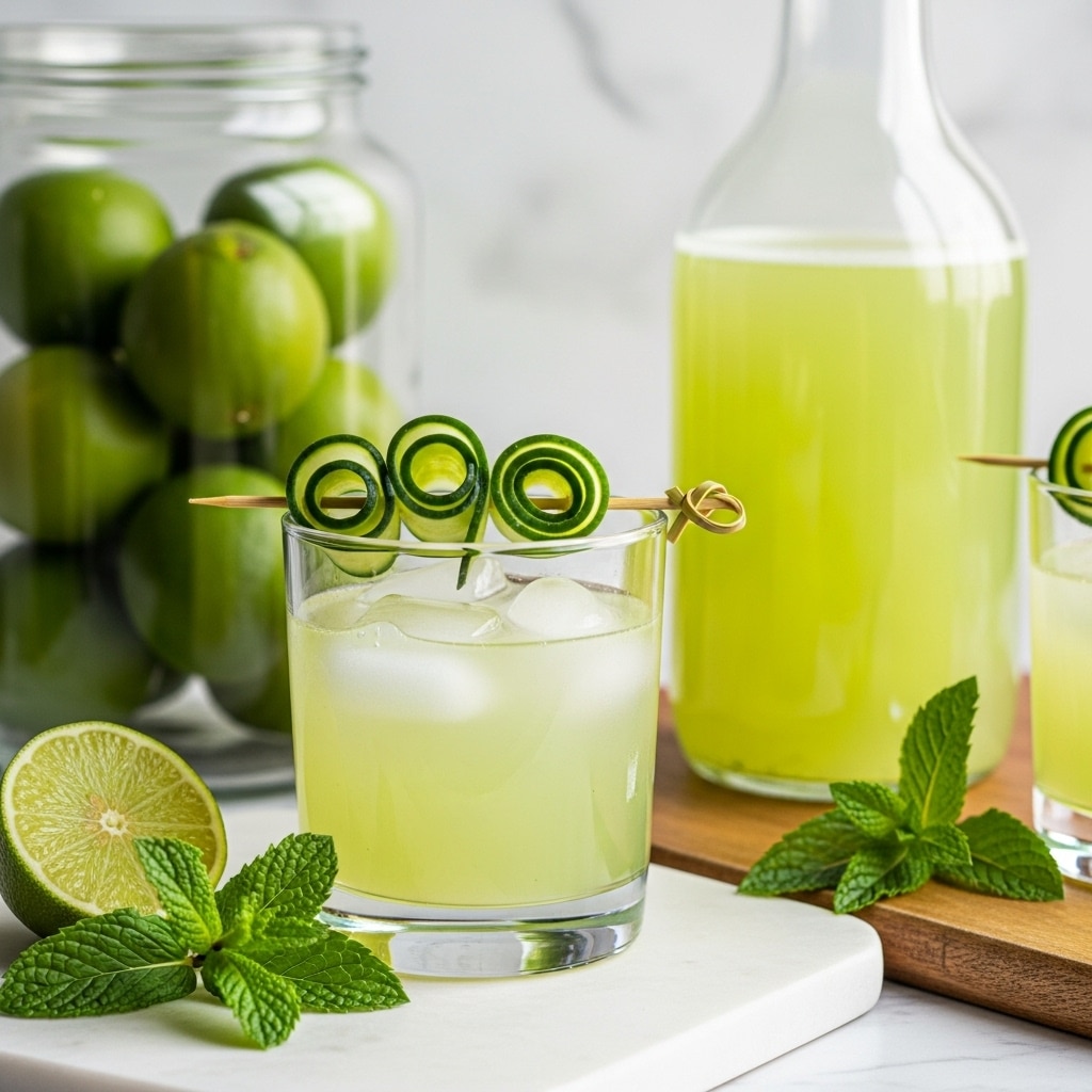 The image shows a short clear glass filled with light green juice with small bits visible in the liquid, topped with ice near the rim. Across the top of the glass rests a wooden skewer holding several folded thin cucumber slices, light green with a dark green edge. The glass sits on a wooden board with a smooth texture and natural brown color, placed on a white marbled surface. Nearby, there is a halved lime with a bright green peel and pale green inside, along with fresh green mint leaves. In the background, a clear glass pitcher and jar filled with the same green liquid and cucumber slices can be seen, all against a white marbled backdrop. Photo taken with an iphone --ar 4:5 --v 7
