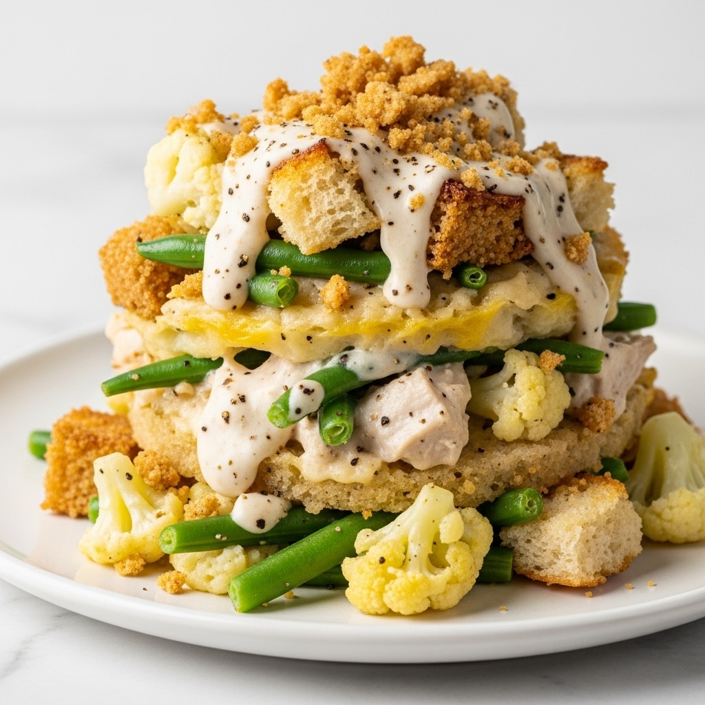 The image shows a close-up of a creamy casserole served on a white plate with a white marbled background. The dish has multiple layers: green beans that add a fresh green color, chunks of soft white potatoes, and a creamy, pale beige sauce enveloping everything. On top, there are golden-brown crispy breadcrumb pieces, adding texture and color contrast. The casserole looks rich and hearty with visible bits of seasoning and a smooth sauce coating the vegetables evenly, making it look warm and inviting. Photo taken with an iphone --ar 4:5 --v 7