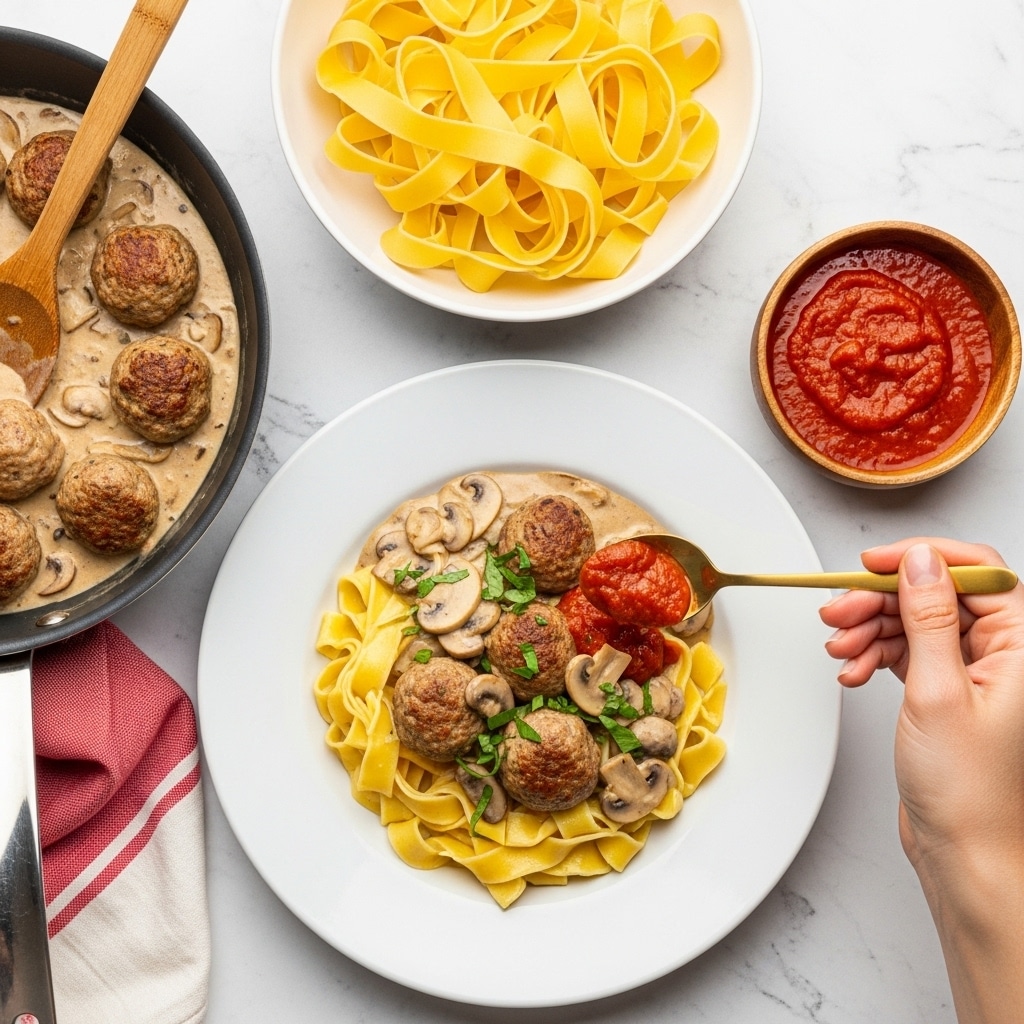 The image shows a white plate with wide, yellow pasta ribbons topped with creamy beige sauce, small brown meatballs, light brown mushrooms, and green herbs. Above it, a red plate holds more of the plain pasta ribbons. To the left, a frying pan with a wooden handle contains meatballs, mushrooms in light beige creamy sauce, and fresh green herbs, resting on a red checkered cloth. A woman's hand holds a golden spoon dipping into a small wooden bowl of dark red sauce, with some sauce on the spoon above the plate. All is set on a white marbled surface. Photo taken with an iphone --ar 4:5 --v 7