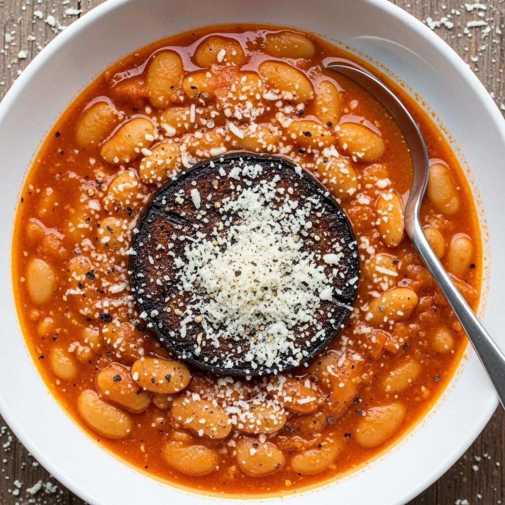 A white bowl filled with large, light beige beans in a reddish tomato sauce, with darker brown grilled mushrooms placed in the middle. The dish is topped with a sprinkling of grated white cheese and ground black pepper, creating a textured and colorful contrast on the beans and sauce. A silver spoon rests inside the bowl on the right side. The bowl is set on a white marbled surface with some scattered bits of grated cheese around it. Photo taken with an iphone --ar 4:5 --v 7