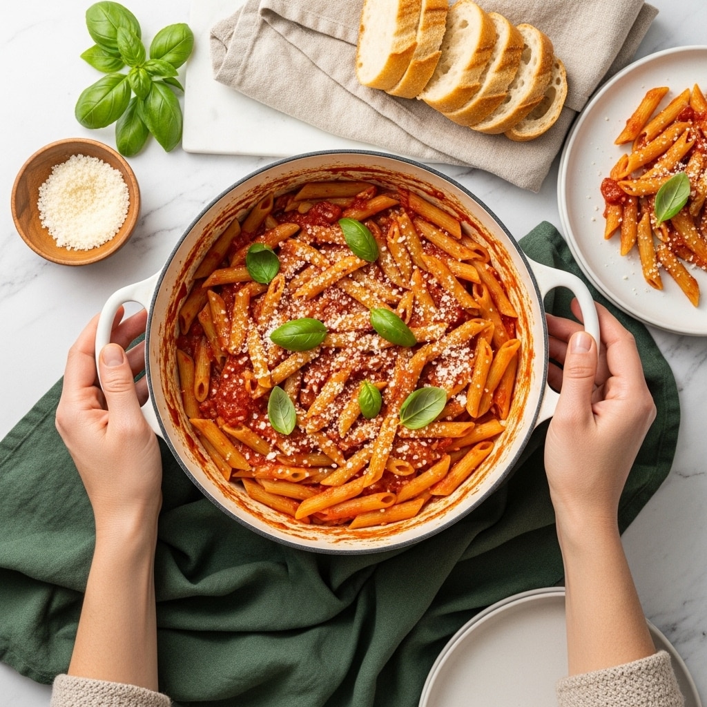 A white pot filled with three visible layers of penne pasta covered in a thick orange-red tomato sauce with bits of ground meat, sprinkled with small green basil leaves and grated white cheese scattered over the top. The pot has sauce stains along the inner sides. On each side of the pot, a woman's hand holds the handles. Next to the pot on the right, there is a beige cloth napkin with pieces of crusty bread resting on top, and on the left side, a white plate holds some pasta, with a small wooden bowl of grated cheese nearby, all placed on a white marbled textured surface. Photo taken with an iphone --ar 4:5 --v 7