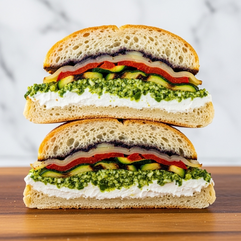 The image shows a sandwich cut in half, with each half placed on a light wooden board, set against a white marbled background. The outer layer is a golden-brown, crusty bread with a soft inside. The first inner layer is a creamy white spread, followed by a layer of green pesto or herb sauce. Above this is a mix of roasted red and green vegetables, possibly peppers and zucchini, with a slightly charred texture. The sandwich looks fresh and soft inside but with a firm crust outside. photo taken with an iphone --ar 4:5 --v 7