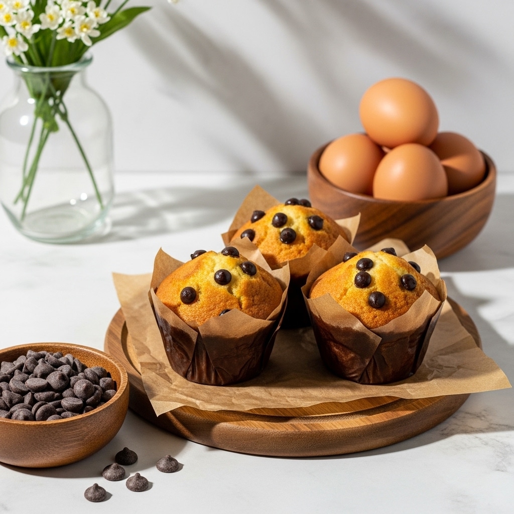 Three chocolate chip muffins are placed on a light wood board, each wrapped in brown parchment paper with pointy edges around the top. The muffins have a golden-brown color with irregular dark chocolate chips embedded on their tops and sides, showing a soft texture. Behind the board, there is a wooden bowl with five brown eggs stamped with red markings, and next to the right side, a small wooden bowl filled with smooth, dark brown chocolate chips sits on a white marbled surface. A glass vase with small white flowers is faintly visible on the right edge, and soft sunlight casts shadows around the items. photo taken with an iphone --ar 4:5 --v 7