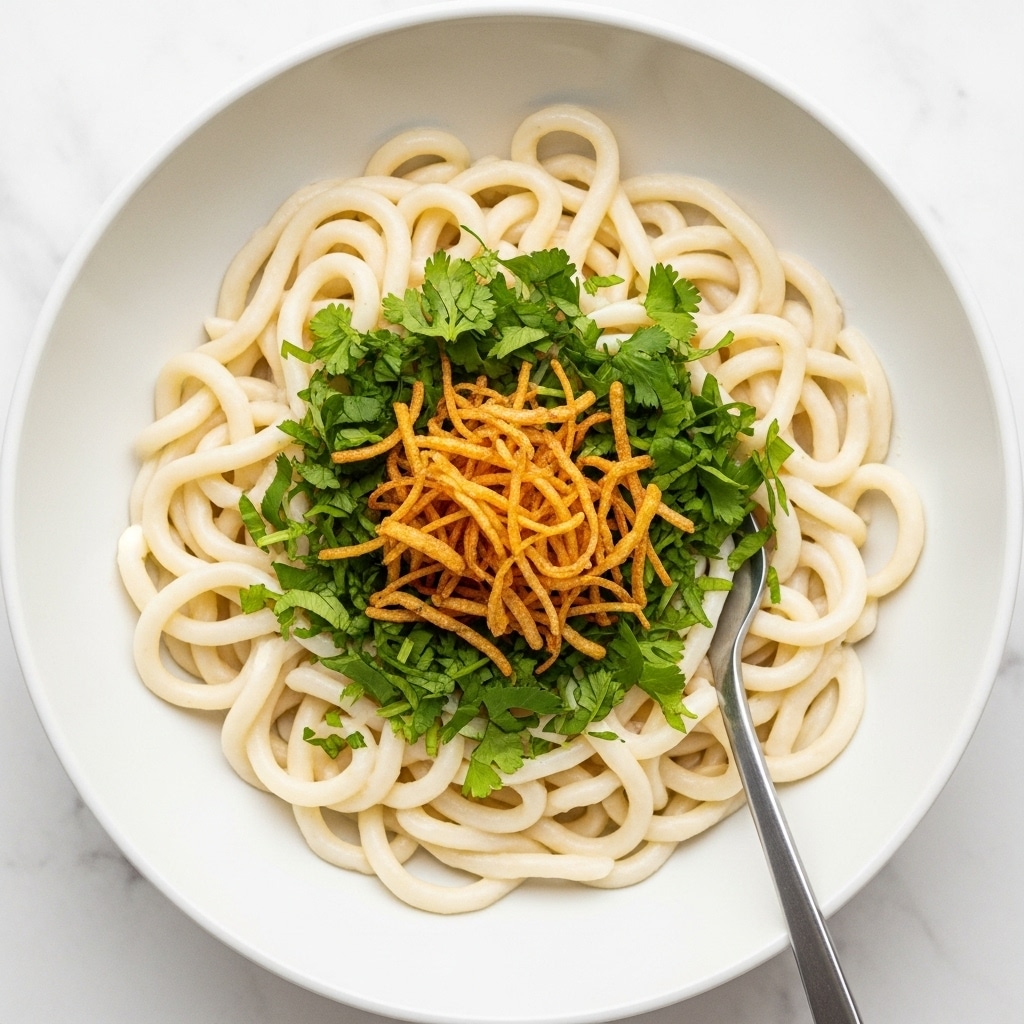 The image shows a white bowl filled with thick, creamy noodles as the base layer. On top of the noodles, there are thin, crispy fried onion strips that are golden brown and slightly twisted. Scattered around and on top of the noodles are fresh green cilantro leaves adding a pop of color. A silver fork is partially visible on the left side, poking into the noodles. The bowl sits on a white marbled surface. photo taken with an iphone --ar 4:5 --v 7